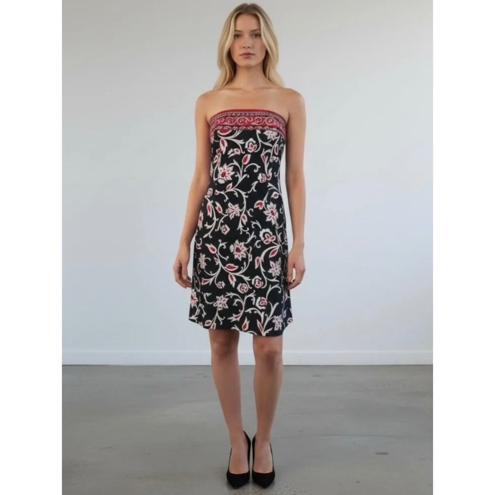 Laundry By Shelli Segal Black Floral 100% Silk Strapless Dress Size 10